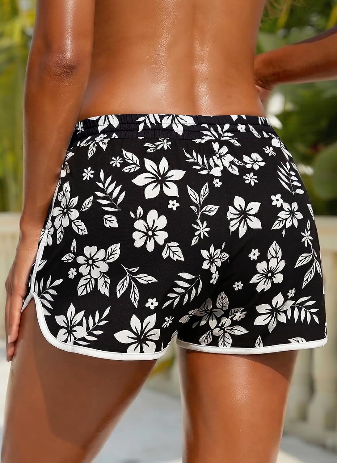 Women Swim Shorts with Pockets - Summer Floral Beach Boardshorts Drawstring Swim Trunks Swimsuit Bottom 2026 Black Flower XL