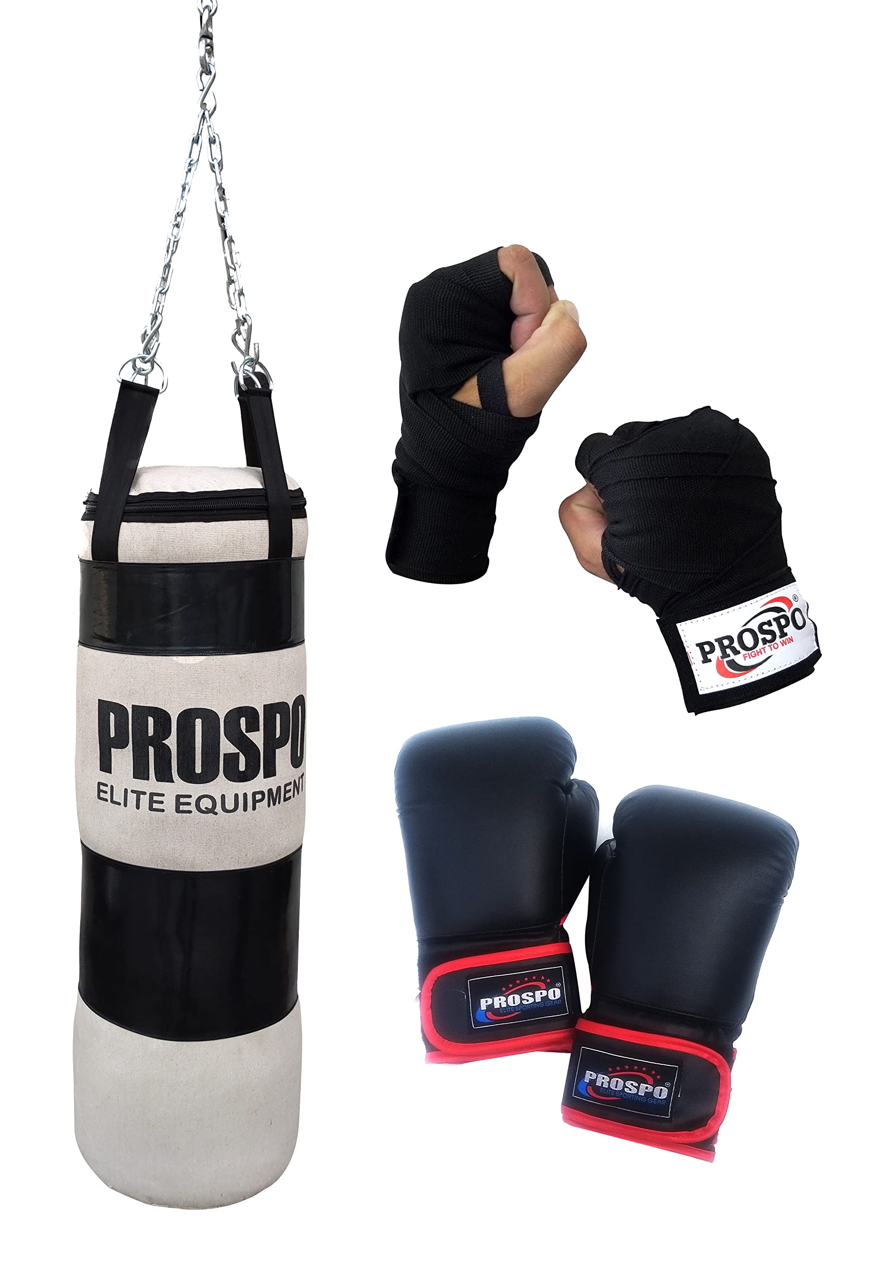 Prospo Canvas 36 Inch filled Punching Bag with Chain and Glove (12oz), Handwrap (108), Home Gym Set , Boxing Kit, Boxing kit for Kid, Boxing Set for Men, 36 inch filled Punching bag and Glove (12oz), Handwrap (108), Black