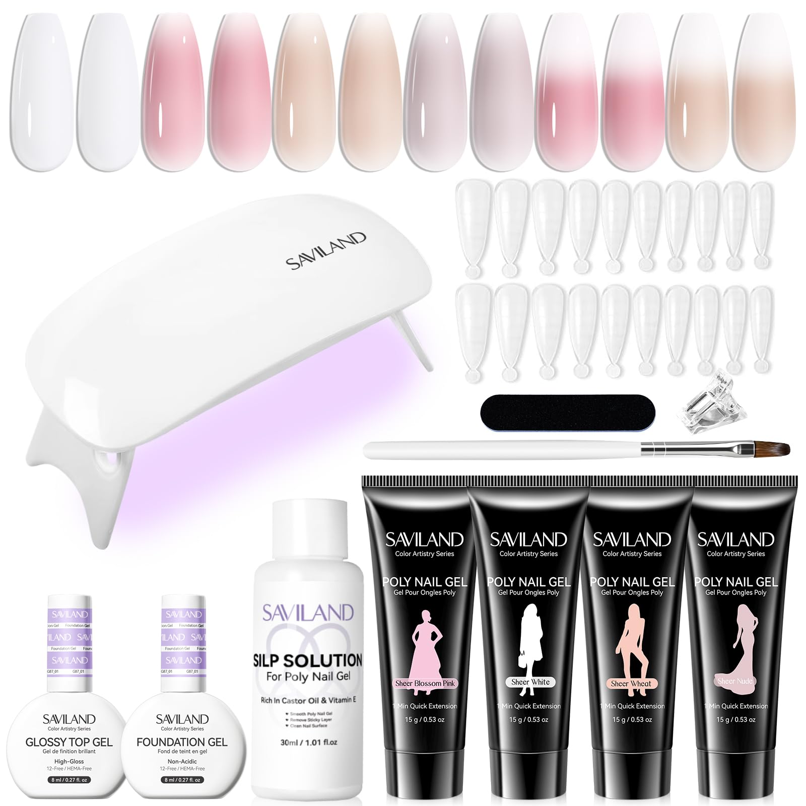 SAVILAND Hema-Free Polygel Starter Set mit UV Lampe: 4 Farben Weiß Rosa Nude Weizen, Polygel Nägel und Schnell Trocknender lip Solution Base Top Coat Acrylnägel Nagelset Gelnägel Nagelverlängerung