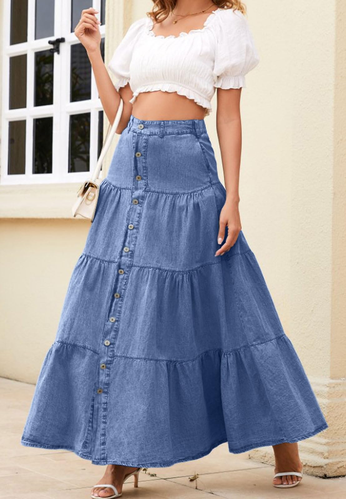 loveimgs Jupe longue en jean taille haute élastique pour femme avec boutons et volants, poche patchwork Y2k
