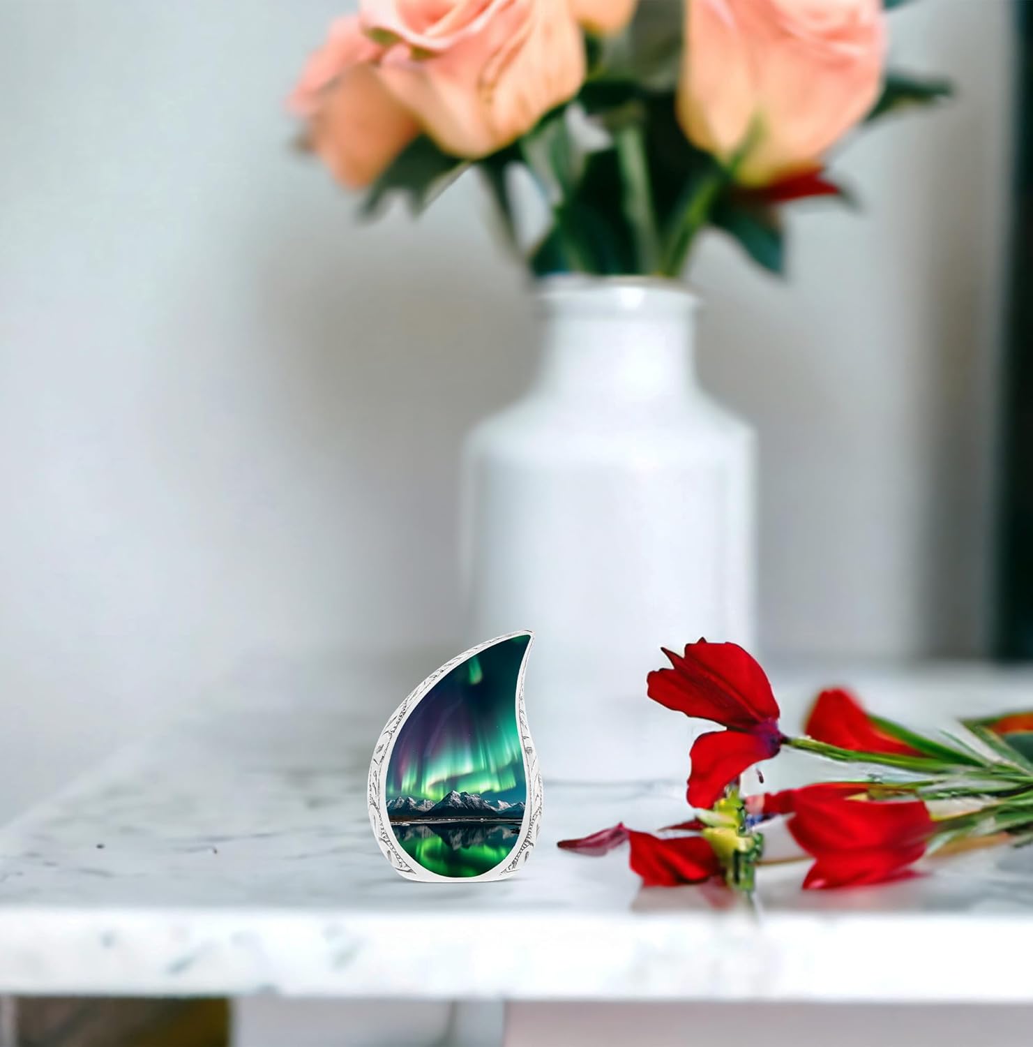 Aurora Borealis Teardrop Cremation Urn for Human Ashes Adult Male & Female, Funeral Decorative Northern Light Urn, Human Remains Memorial Small Keepsake Urn for Women & Men, Green