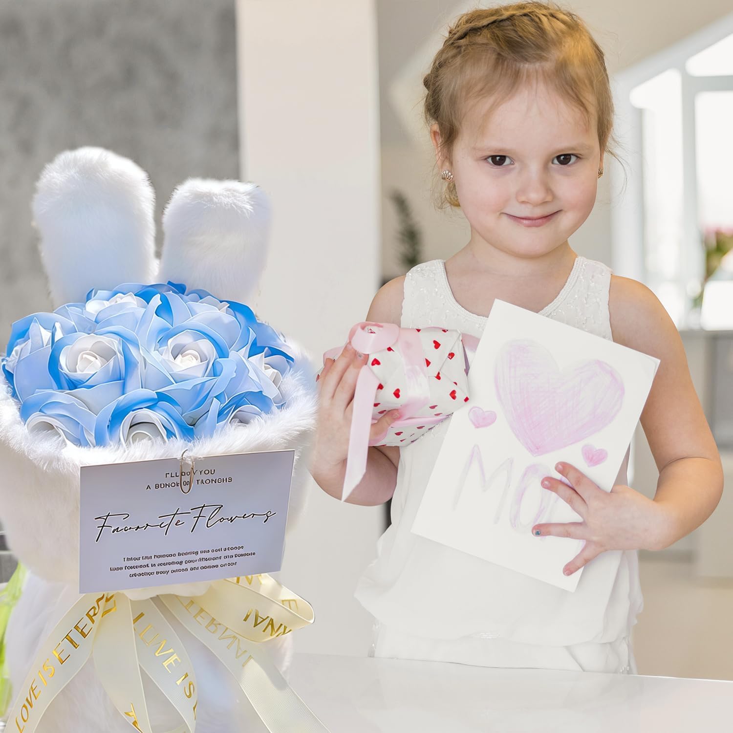 Exquisite Handheld Preserved RoseBouquet -Gifts for Her, Partner& Wife & Mom,Family,Everlasting Flowers for Special Day,Surprising Gift,Plush Flower Box Set with Gift Card,Blue and White,(biue)
