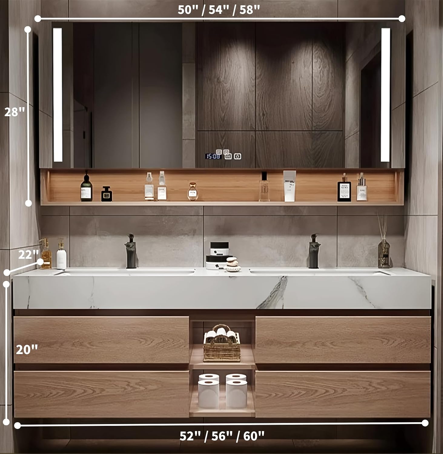 Double Sink Bathroom Vanities, 56IN Bathroom Vanity Cabinet Include LED Smart Defogging Mirror and Open Shelf, Solid Wood Bathroom Sink Vanity with Integrated Sink and Drawers Storage (Wood) image 2