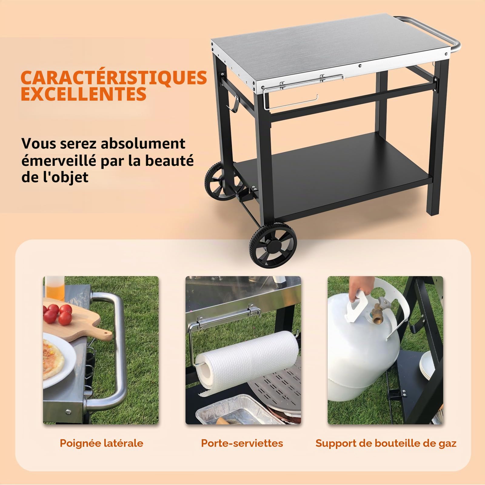 GFTIME Table de Barbecue en Acier Inoxydable avec 2 étages, Support de Four à Pizza, Table de Barbecue pour l'extérieur, Chariot de Travail avec 5 Crochets, Chariot de Service extérieur, Table