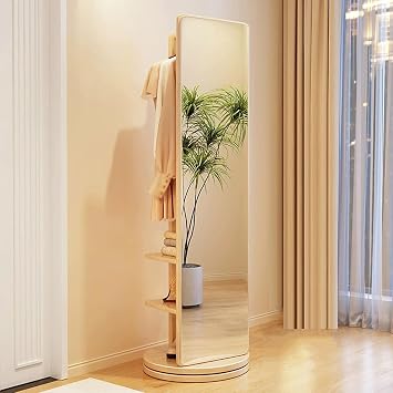 CIOOCPK Full Length Mirror, 360 Rotating Full Body Mirror Solid Wood Floor Mirrors with Coat Rack, Stand Long Mirrors for Bedroom, Living Room, Cloakroom