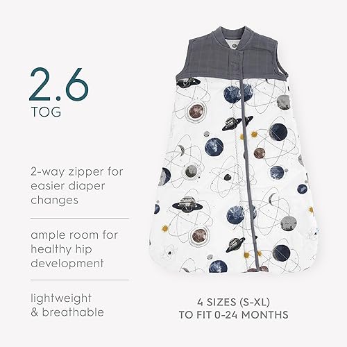 Miniatura 4 de Little Unicorn Saco de dormir acolchado de muselina de algodón planetario 100% algodón Súper suave y ligero Bebé Talla S 0-6 meses Lavable a