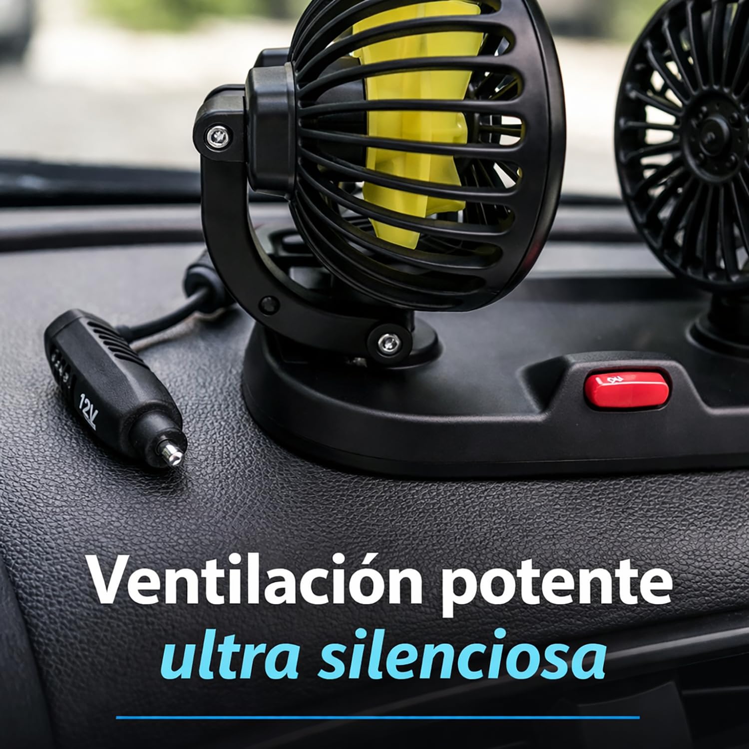 TIENDA EURASIA – Ventilador de Coche 12V Doble Cabezal con Rotación 360° | 2 Velocidades | Conexión a Toma 12V (Encendedor) | Cable 1,4 m | Negro | 22x11x16 cm