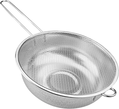 Colador de acero inoxidable con mango largo, colador de cocina multiusos de malla fina para colar, enjuagar, freír, cocinar al vapor y cocinar