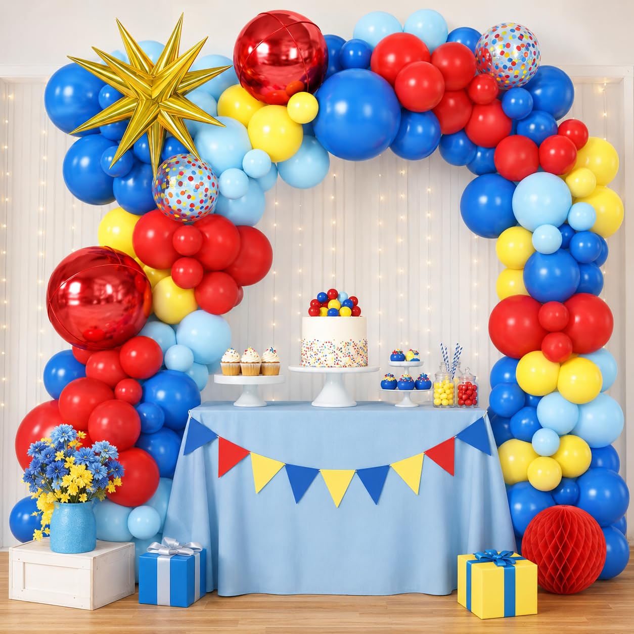 Czerwono-niebiesko-żółta girlanda z łukiem balonowym, zestaw ze złotą gwiazdą, balony foliowe, czerwone, okrągłe balony 4D, na przyjęcie urodzinowe, karnawał, cyrk, dekoracje tematyczne
