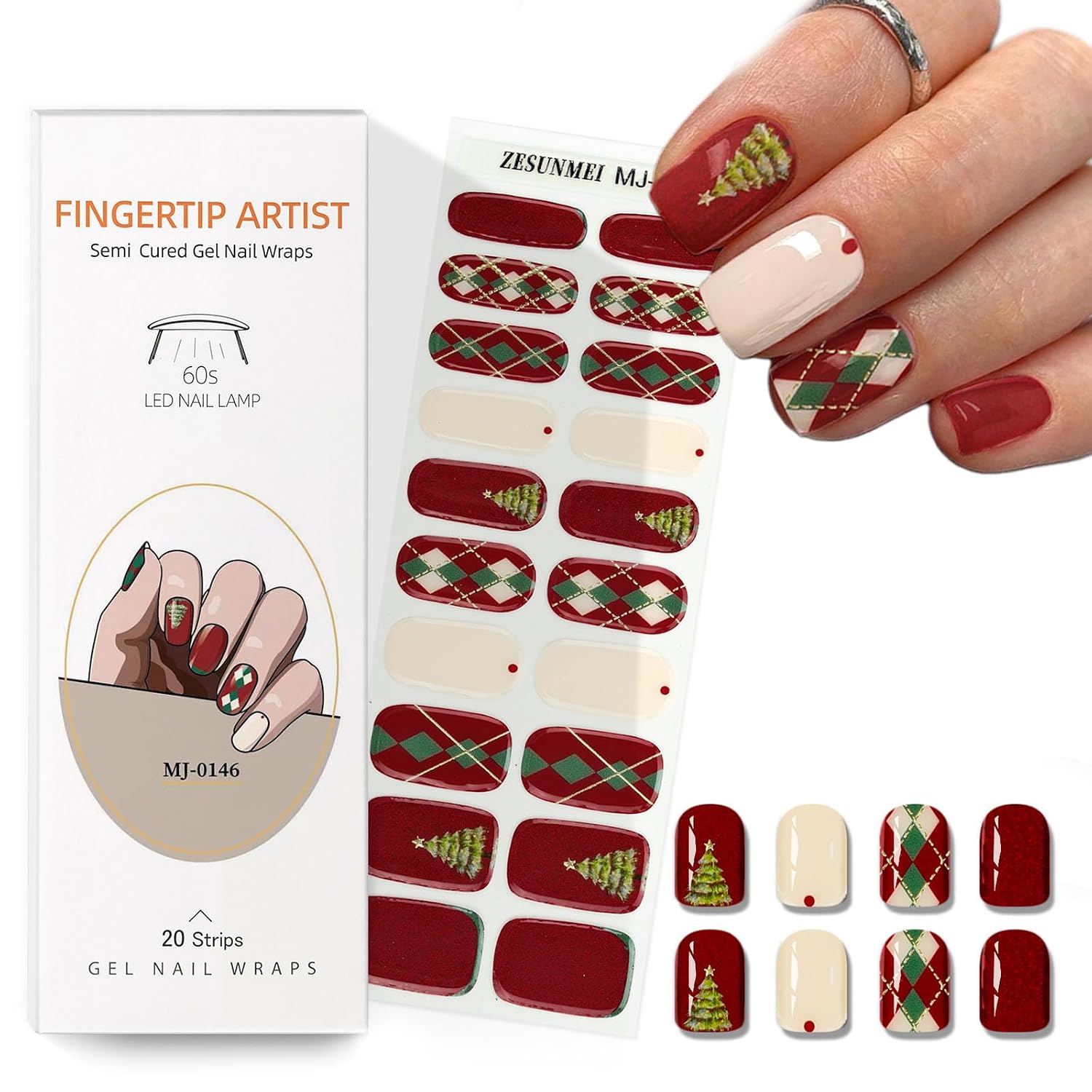 Semi Cured Gel Nail Strips with Christmas tree Gold Designs Red Glitter Gel nail strips Need UV/LED Light Salon Quality & Easy to Use for Women 20 Pcs