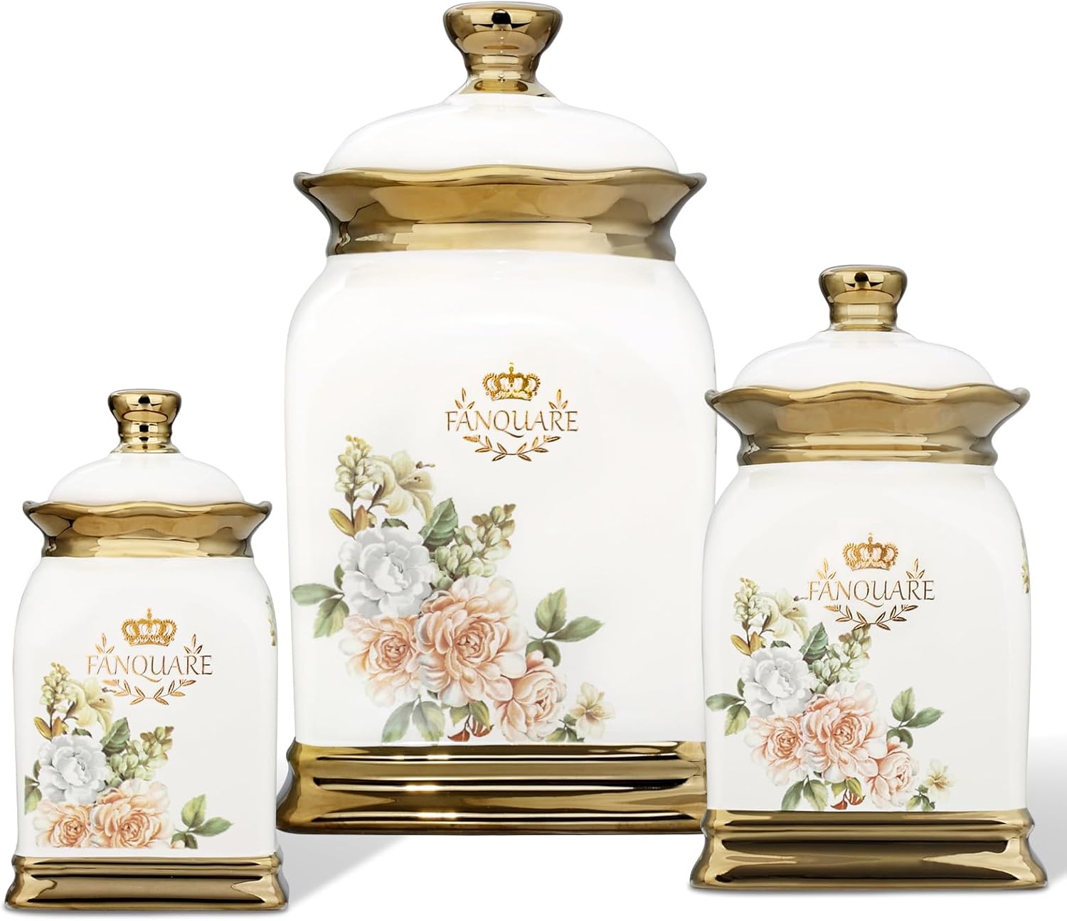fanquare Floral Canisters with Gold Trim, Ceramic Decorative Countertop Jars, Farmhouse Porcelain Cookie Jar and Sugar Bowl Set with Airtight Lid