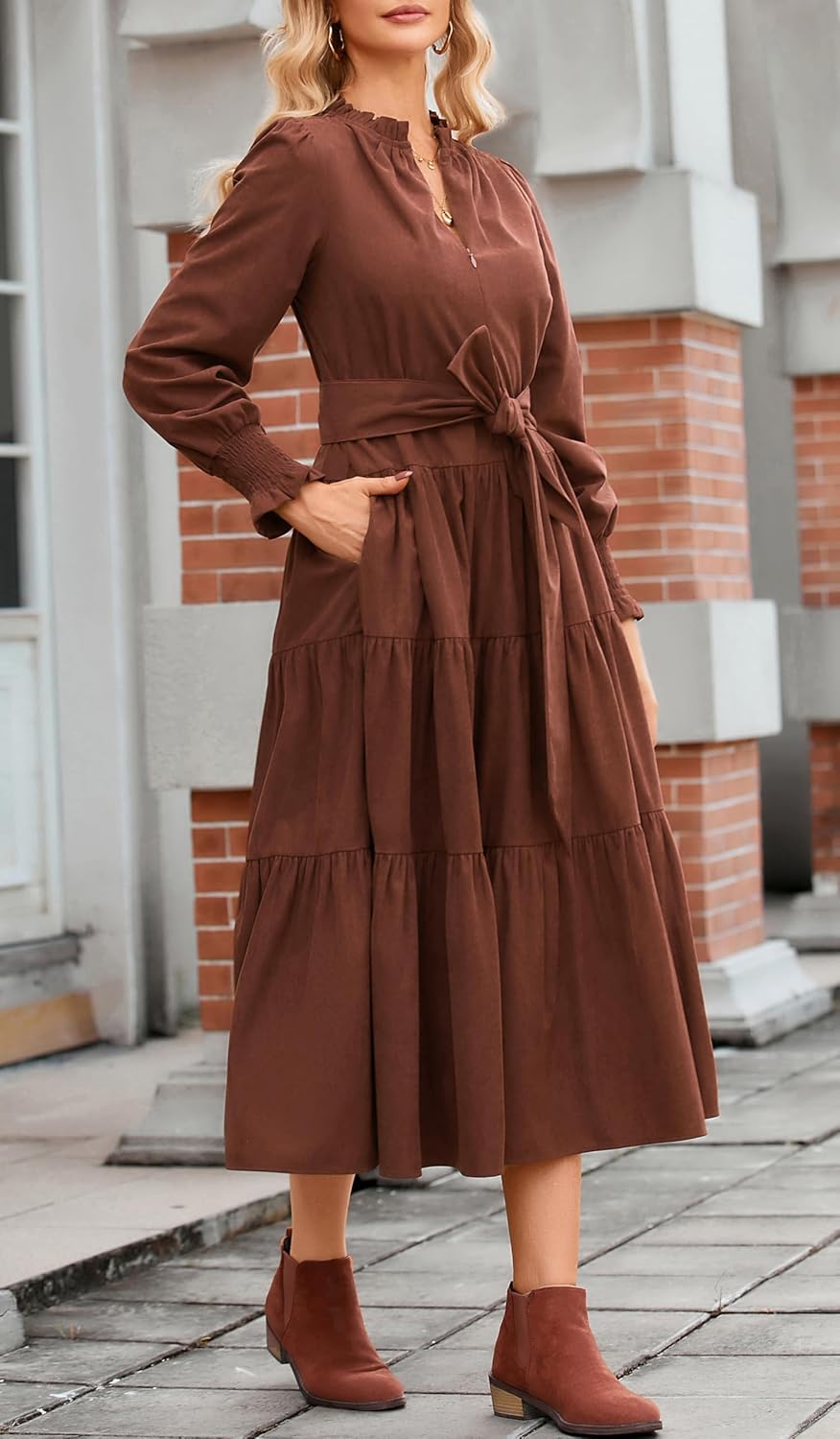 Womens Corduroy Midi Dress Long Sleeve Cord Ruffle V Neck Zip Up Flowy Fall Winter Tiered Long Dress with Pockets - Image 3