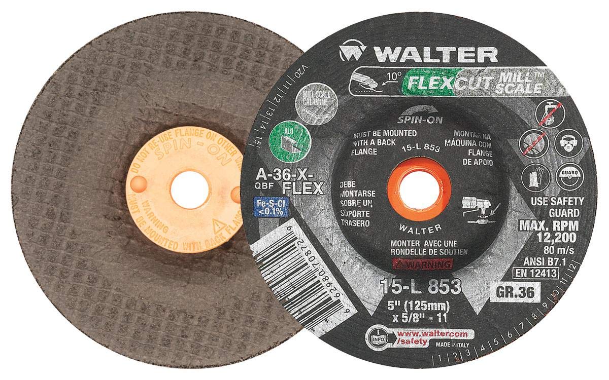 Walter Surface Technologies15L853 FLEXCUT Mill Scale Flexible Grinding Wheel [Pack of 25] - A-36-FLEX Grit, 5 in. Abrasive Wheel with Arbor Hole. Angle and Die Grinder Wheels