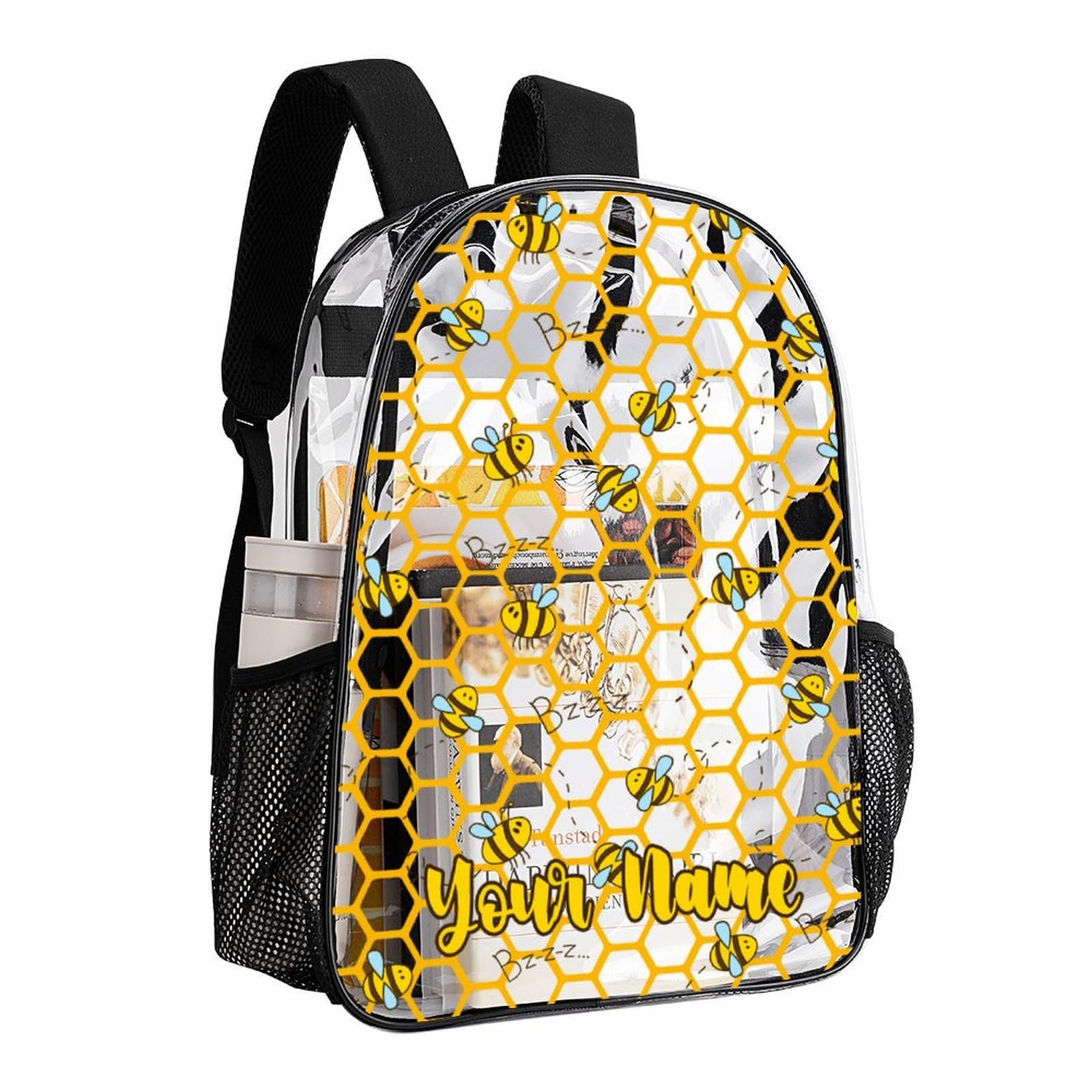 ZCJB-WSRY Custom Bee Clear Backpack Heavy Duty for Girls Kids Boys Women Men - Large Cute PVC Bees Theme Printing Transparent Backpacks for Schools