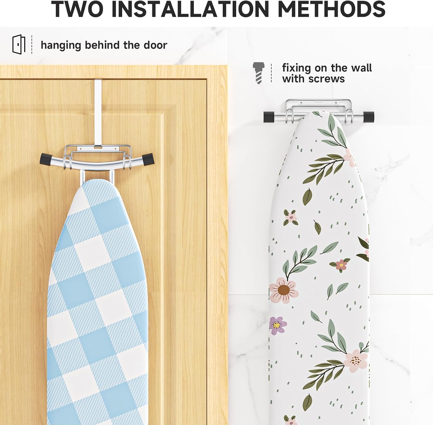 Over The Door & Wall Mount Ironing Board Hanger with Removable Hook, Metal Ironing Board Holder Organizer Wall Rack for Y & T Shaped (Silver)