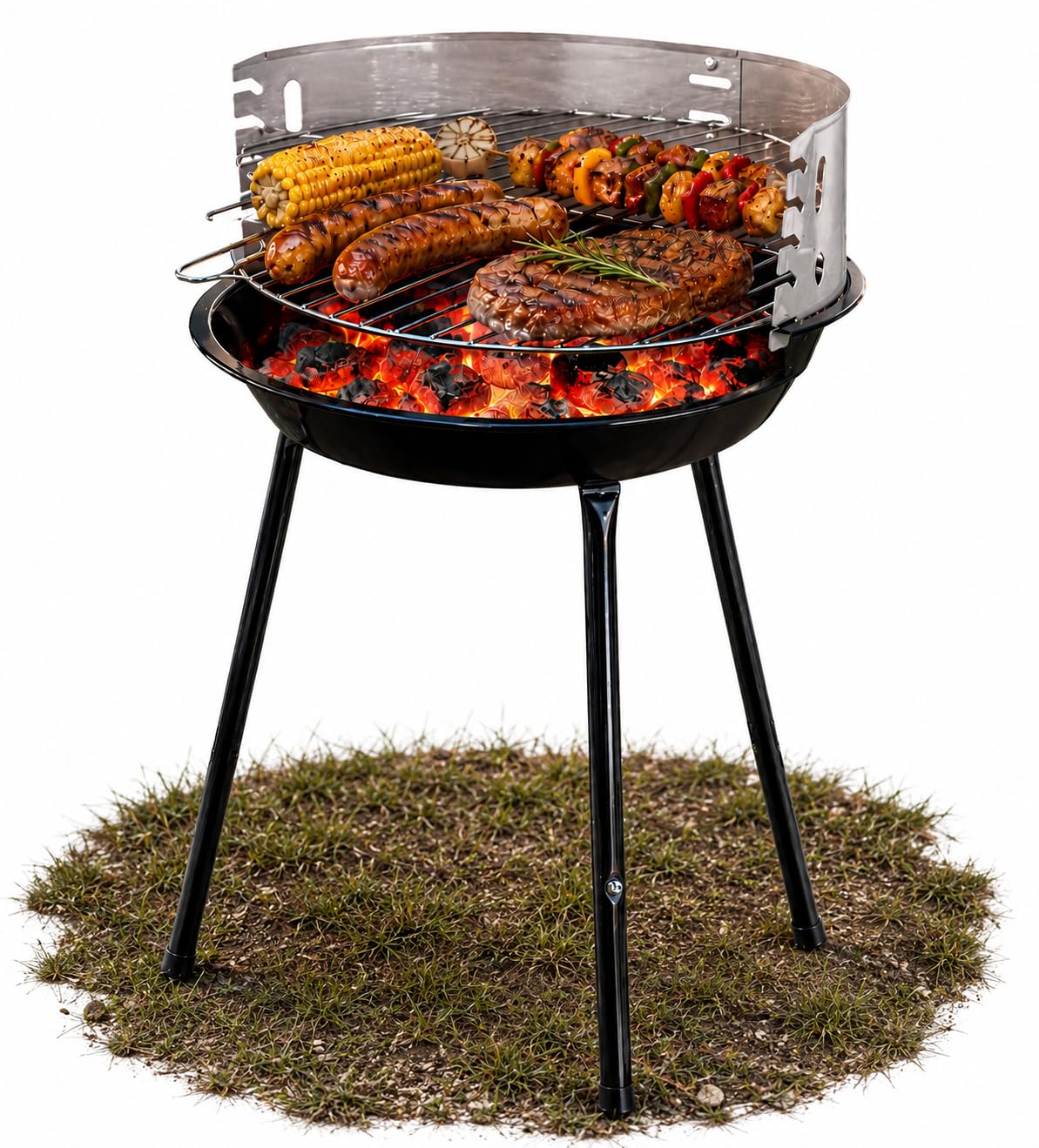 Holzkohlegrill höhenverstellbar, verchromter Grillrost mit Grillfläche von 31,5 cm, Rundgrill Standgrill, Holzkohle Camping Stand Grill