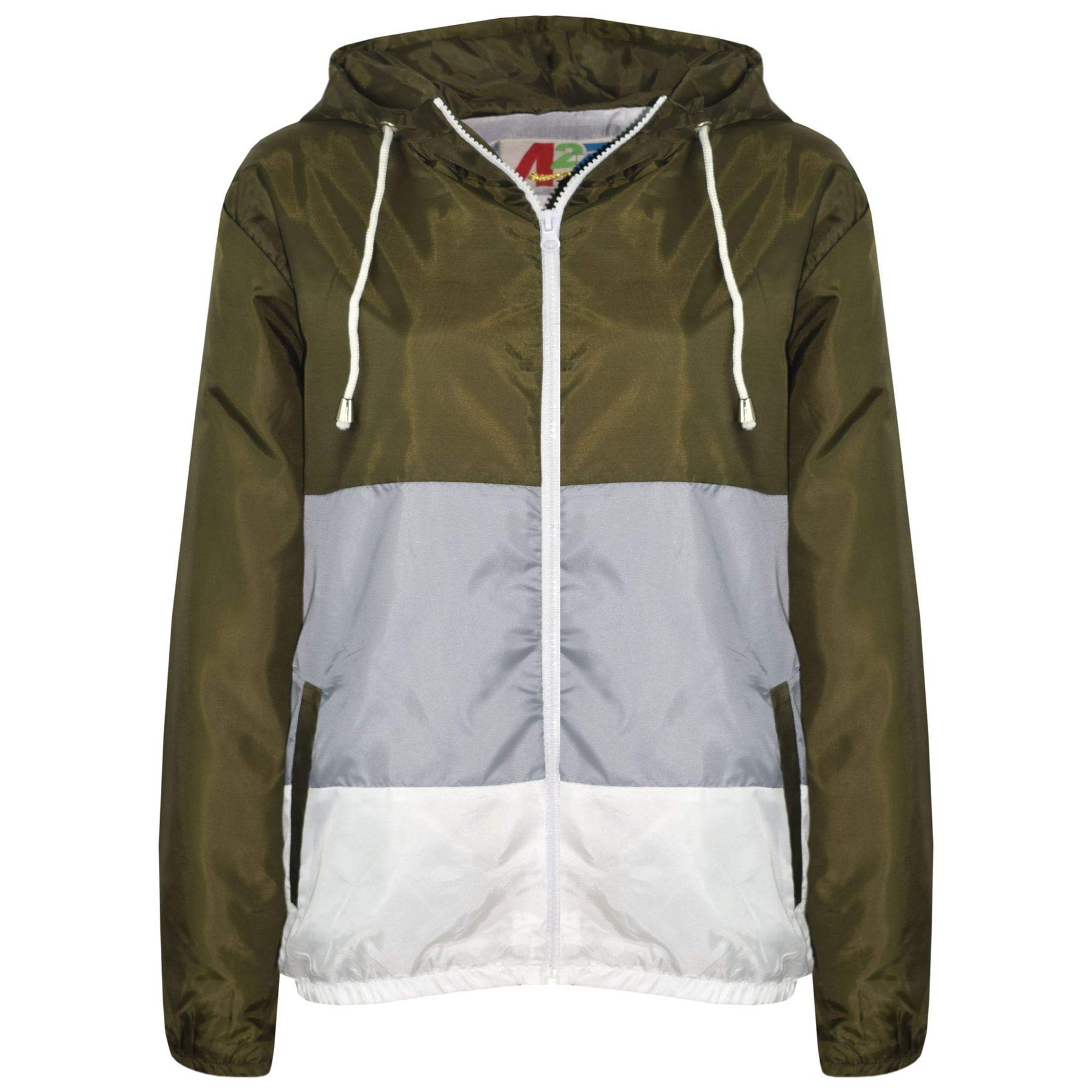 Kids Girls Boys Windbreaker Contrast Panel Jackets Hooded Raincoat Rain Mac 5-13 Khaki