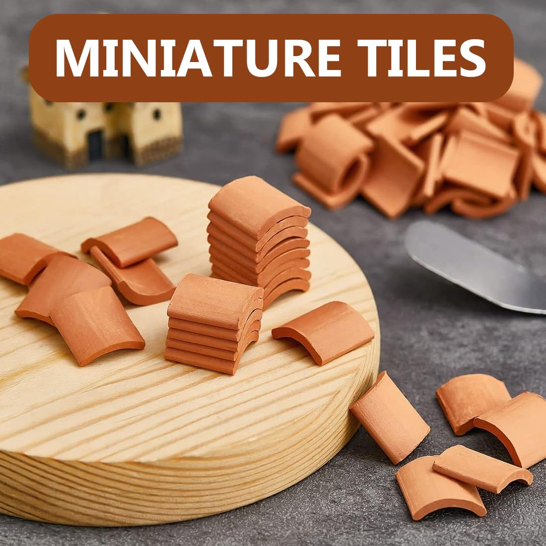 IKOPFLN 100pcs Tegole per Tetti Tegole in Miniatura 1:16 Mini Piastrelle nel Miniatura Rosse per Micro Paesaggio, Fai da Te Casa delle Bambole in Mattoni Con 2 mini spatole