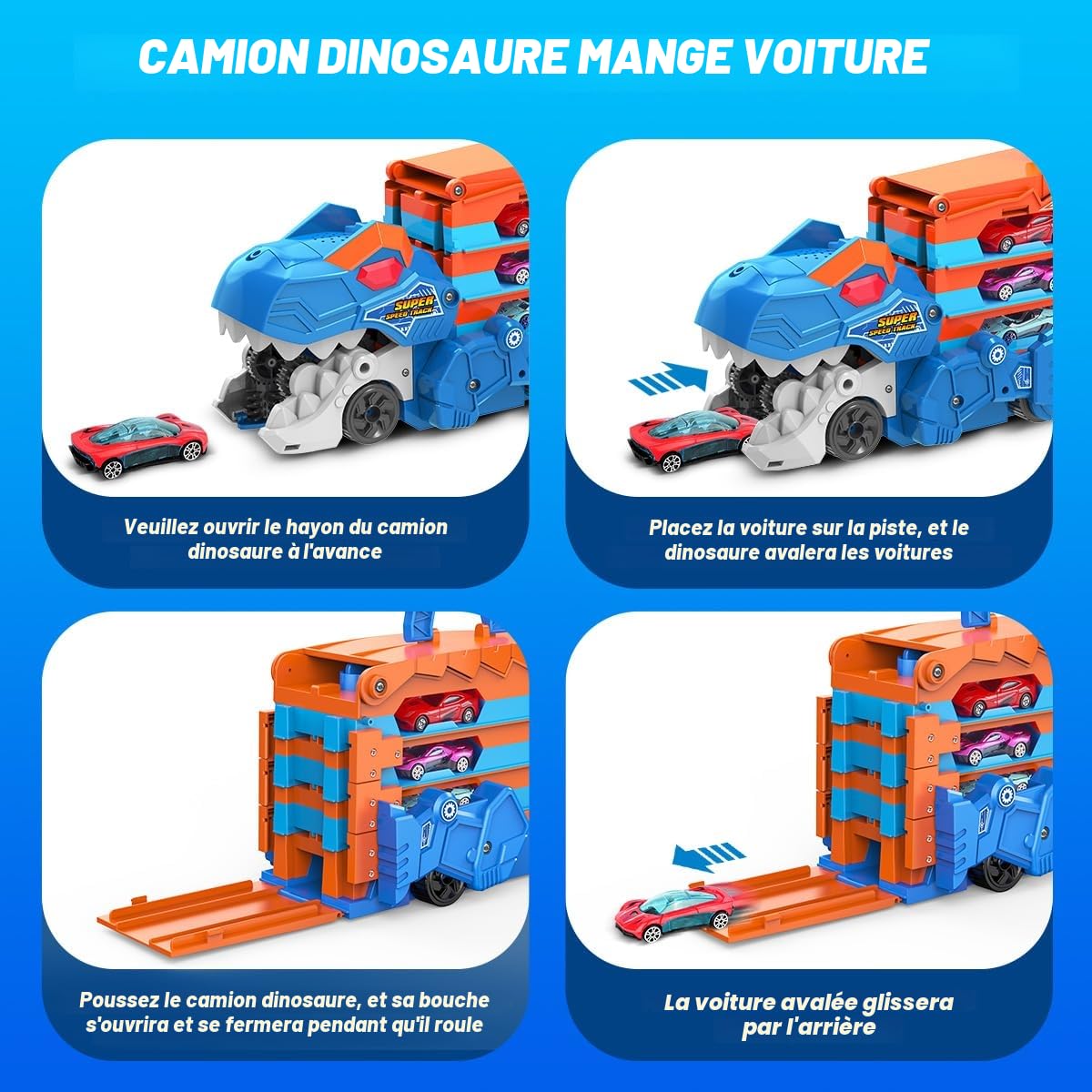 TERRAMUS Camion de transport Dinosaure - Jeu de jouets de voiture 3 en 1 avec éjection, piste pliante portable pour enfants avec 8 voitures de course, jeu de jouets de voiture portable pour enfants