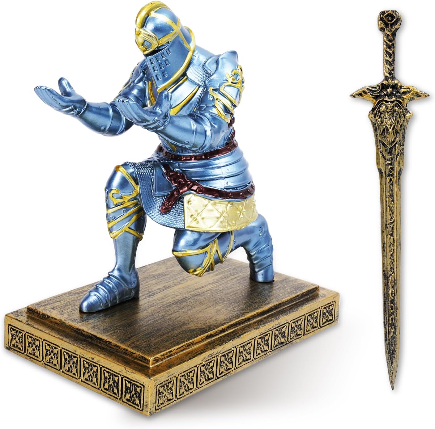 King's Guard Leader Cloak Warrior Knight Pen Holder Mobile Phone Stand, Ornament Knight Statue, Pen Stand Paperweight with a Metal Sword Letter Opener for Office and Home