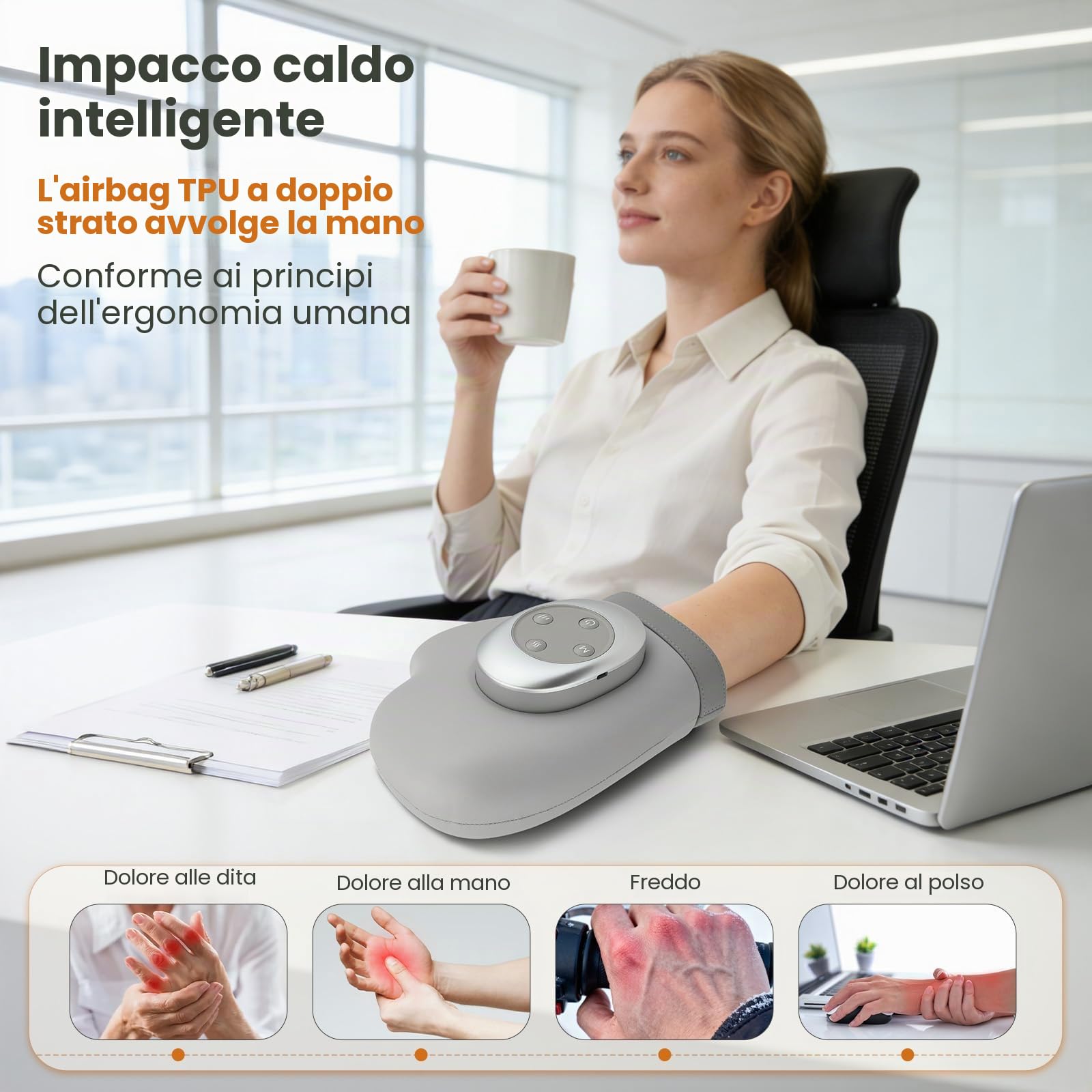 Massaggiatore mano con calore & compressione contro artrosi & stanchezza manuale, 3 modalità, 3 livelli calore, 5 livelli pressione, guanto ricaricabile, regalo relax