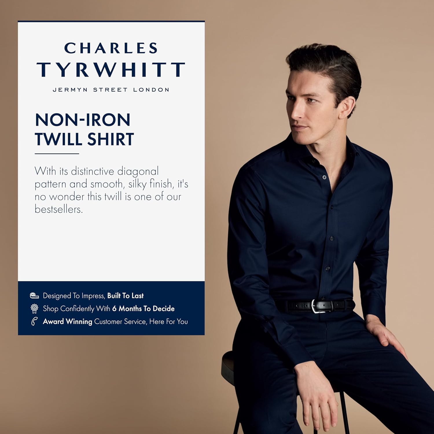 Charles Tyrwhitt Shirts for Men – Navy Twill Non-Iron Formal Dress Shirt – Long Sleeve Cotton Shirt - Image 2