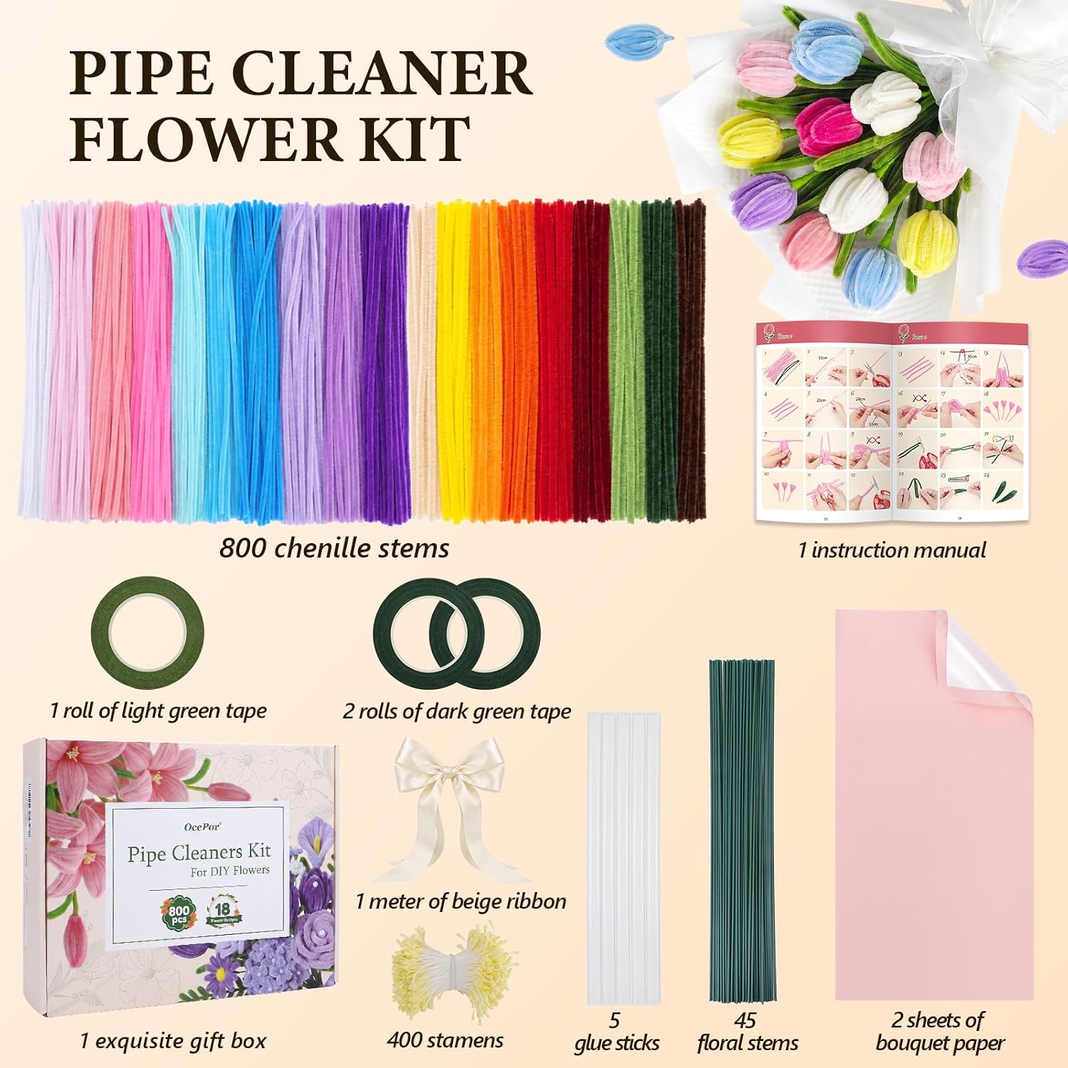 OcePor 800 Pcs Pipe Cleaner Flower Kit, 19 Colors Pastel Pipe Cleaners Bulk, Rainbow Pipe Cleaner Craft with 18 Flowers Instruction, Colorful Chenille Stems, Floral Wire Stems, DIY Making for Arts