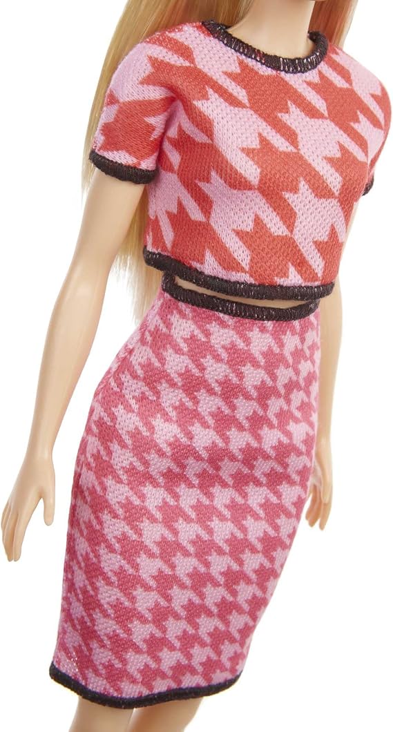 دمية باربي للأزياء # 169 مع شعر أشقر طويل ، توب Houndstooth Crop Top & Skirt & Accessories بما في ذلك أحذية منصة و 2 Barrettes