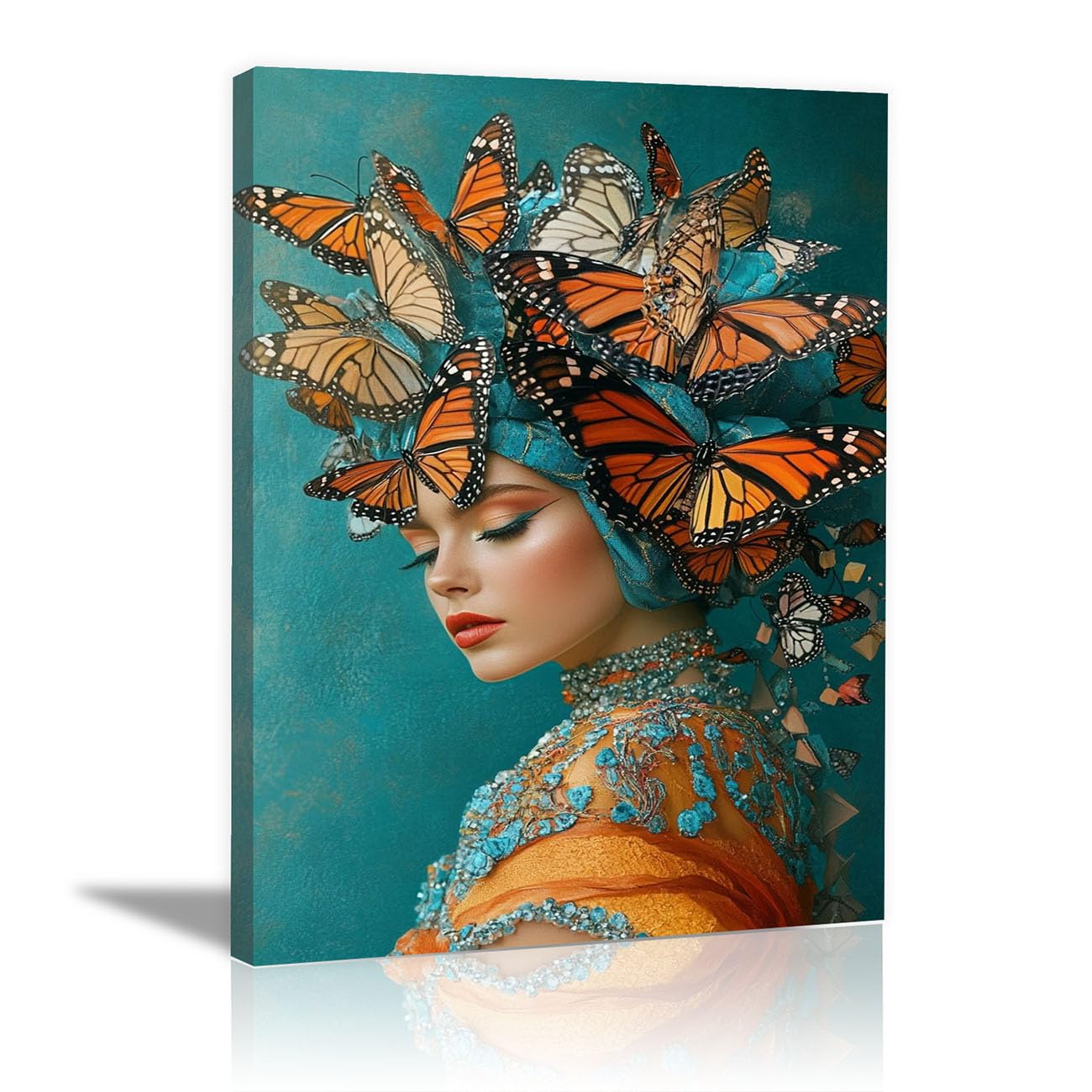 QUSAAOU Fashion Portrait Canvas Wall Art Lady Monarch Butterfly Headpiece Portrait For Living Room Bedroom African American Decor For Home Afro Woman Poster And Prints(teal)-80x120cm1 Unframed