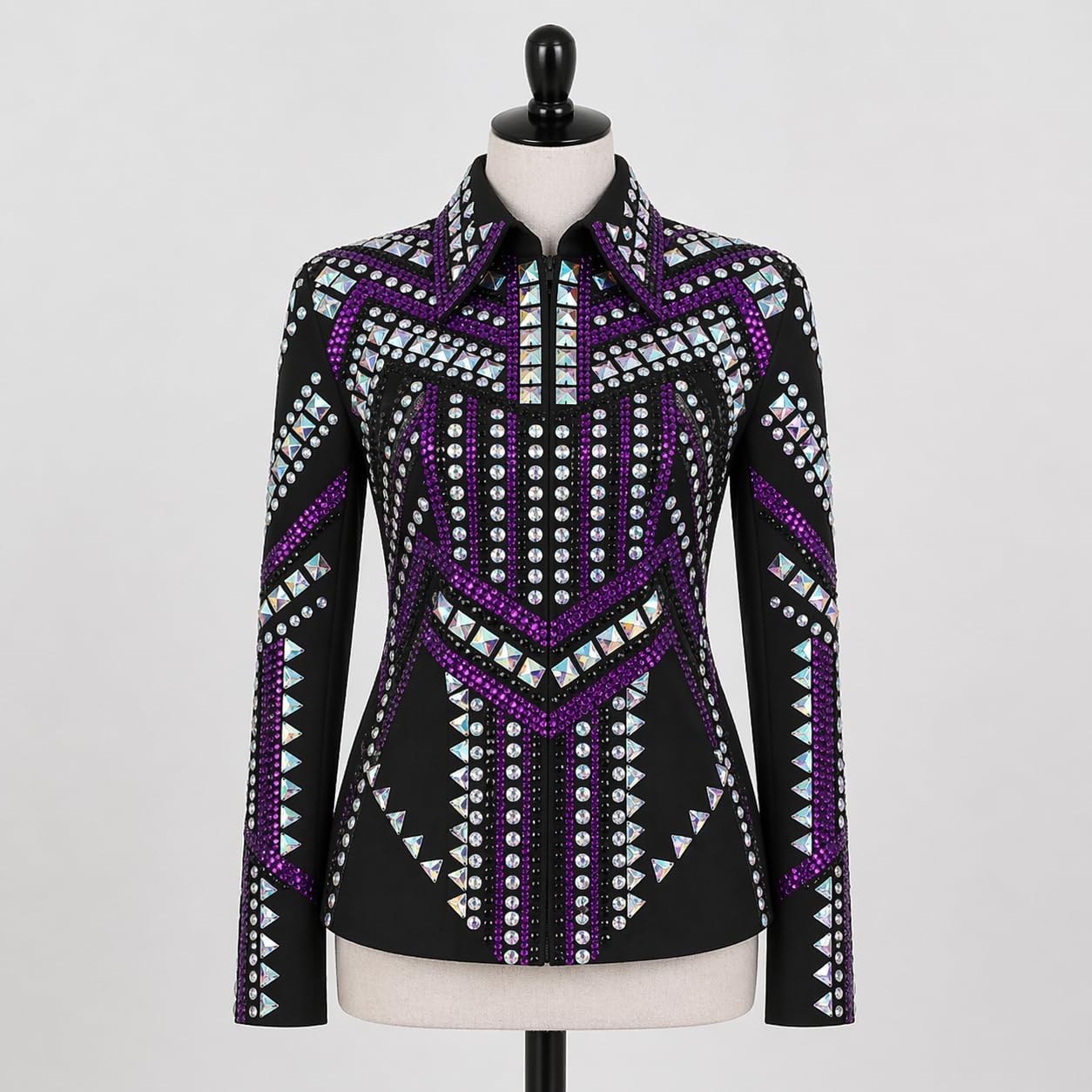 Women’s Western Show Jacket Black Purple – Equestrian Riding Coat with Crystal Geometric Design