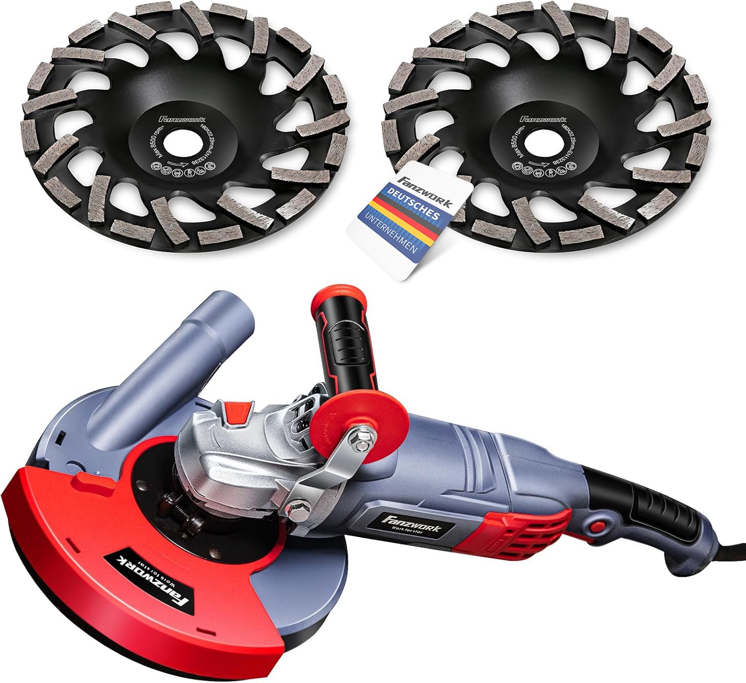 FANZWORK Zestaw szlifierek do betonu 1750W/180mm, 7500 min-1 obr/min, w tym 2 szt. Tarcze diamentowe Premium 180 mm, osłona ssąca, uchwyt w kształcie litery L