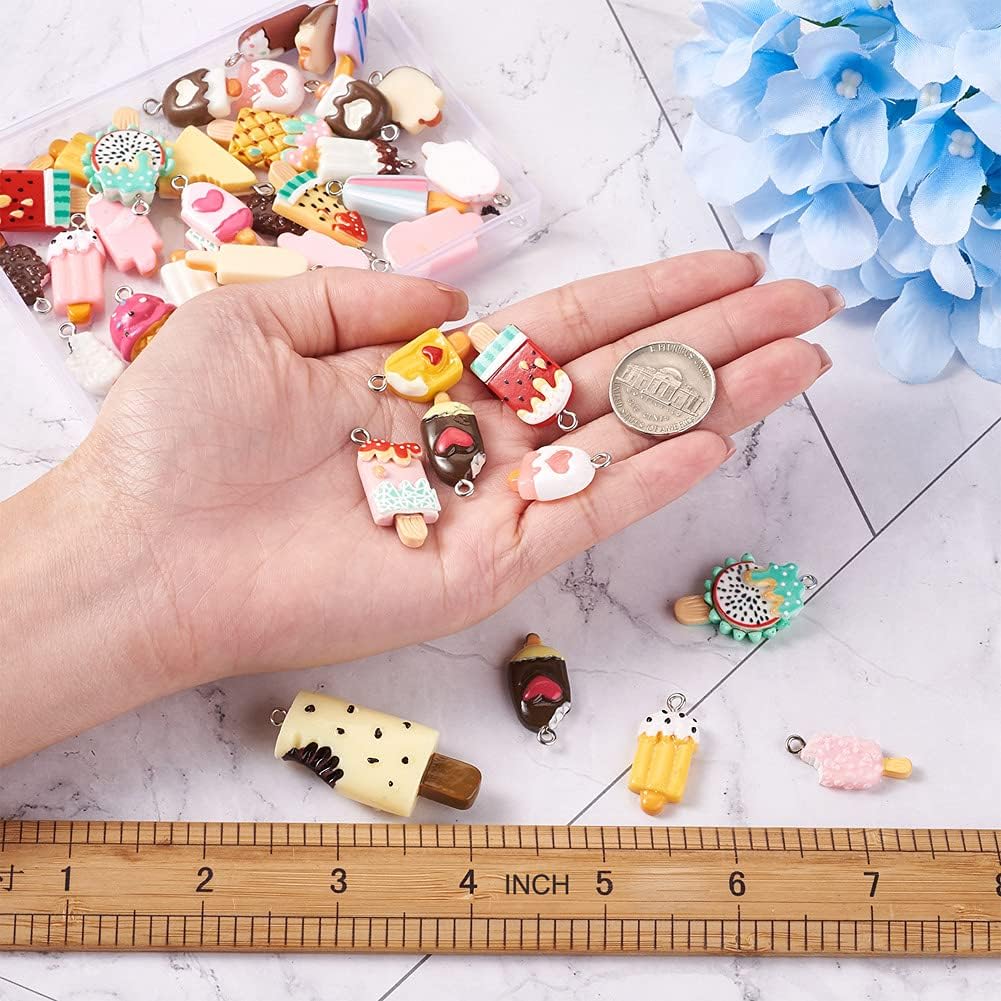 Beadthoven 52pcs Ice Cream Resin Charm Pendants Mixed Mini Cute Chocolate Popsicle Ice-lolly Sweet Food Charm Beads for DIY Earring Keychain Necklace Bracelet Jewelry Making Supply