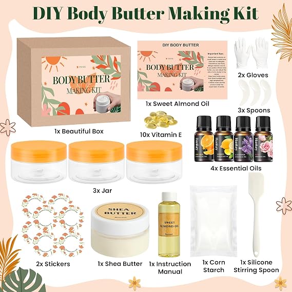 TSVATE DIY Lip Gloss & Body Butter Making Kit - Moisturizing Lip Gloss Base & Whipped Shea Butter Kit with Jojoba Oil, Almond Oil, Vitamin E, Tubes - Fun Christmas Gift for Women & Girls