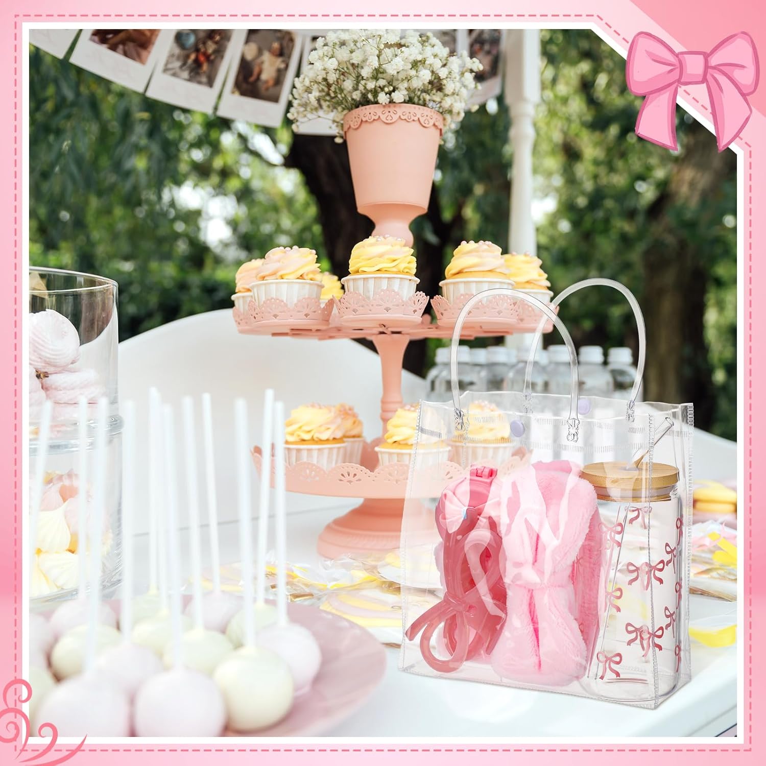 6 Set Pink Bow Baby Shower Game Prize for Winners Hair Band Wrist Bands Folding Mirror Pink Claw Clips Glass with Transparent Bag for Spa Sleepover Party Girls Weekend Shower Wedding Favors