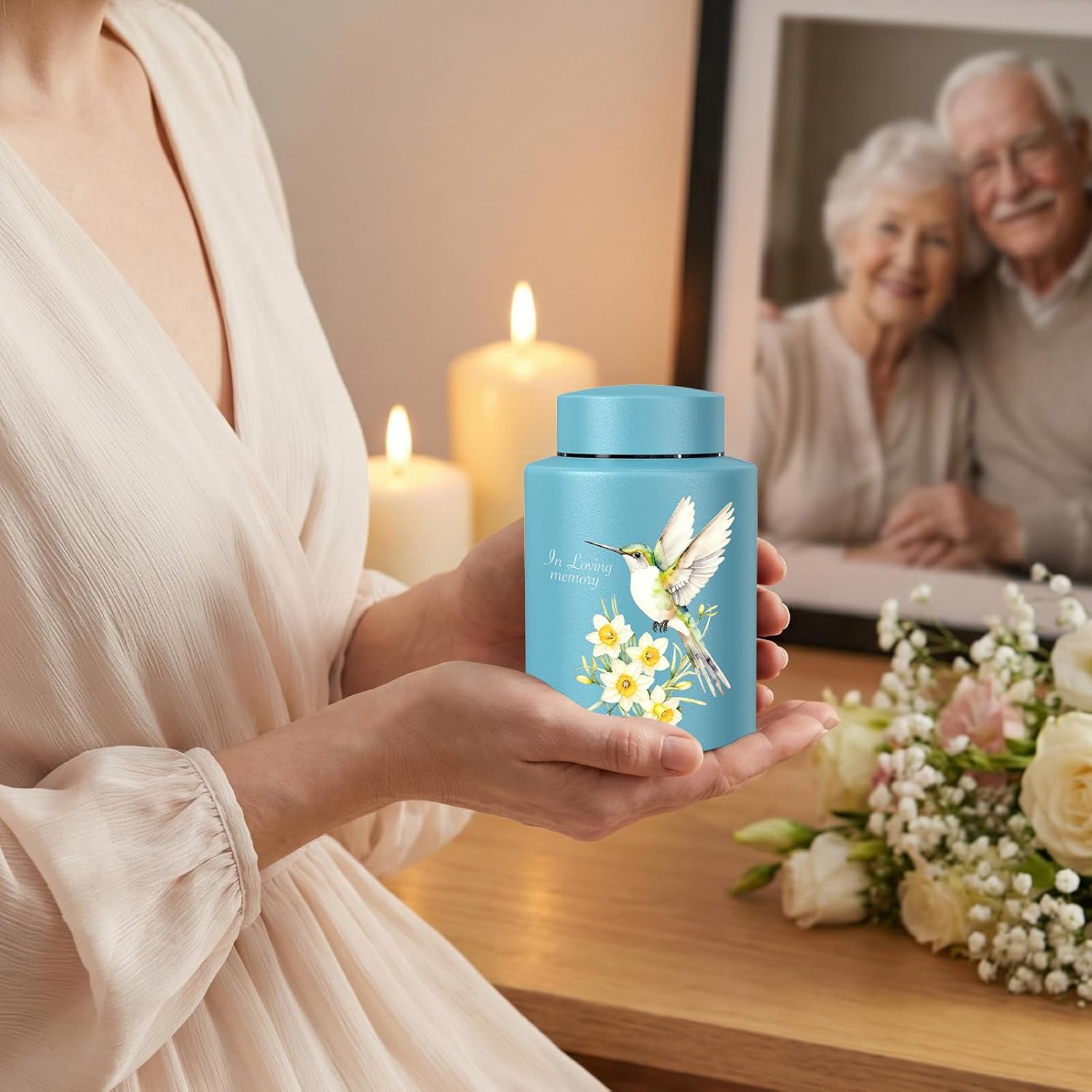 SOITIS Photo Customized Small Urn for Human Ashes Hummingbird Cremation Urn 5.9 Inches Stainless Steel Decorative Urn Memorial Urns for Human Women Man Mini Urns Keepsake