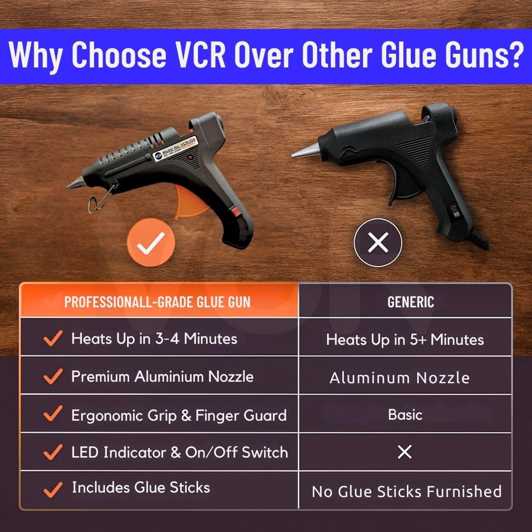 VCR 100W Professional Hot Melt Glue Gun for Crafting & DIY Purpose - 100 Watts - ON/Off Switch for Precise Glue Output - Easy To Use Black Glue Gun + 5 Transparent - 11mm Glue Sticks - VCR 100 - Image 7 thumbnail