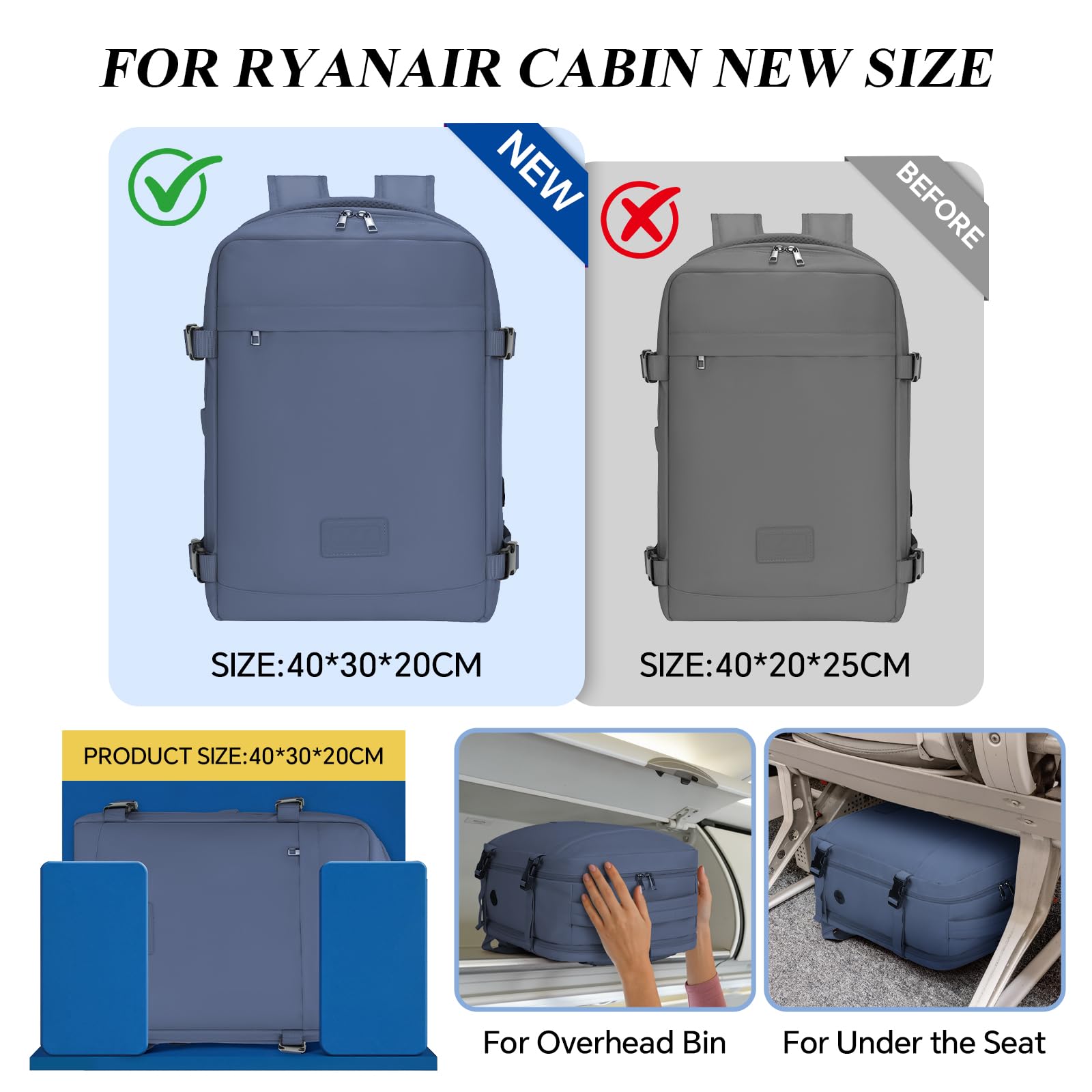 WOUIYO Bagage Cabine 40x30x20, 24L Sac à Dos Voyage Cabine Avion 40x30x20 pour Ryanair Wizzair Eurowings, Sac À Dos Homme Femme Sacs De Voyage Bagage À Main pour Ordinateur
