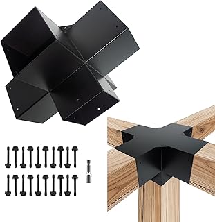 5-Way Pergola DIY Brackets Kit,Cross-Shaped Woodwork Brackets for 4" x 4"(Actual:3.5"x3.5") Lumber,Black Metal Bracket for Patio Pergolas,Gazebos,Log Cabin W/Hardware (1 Pack)………