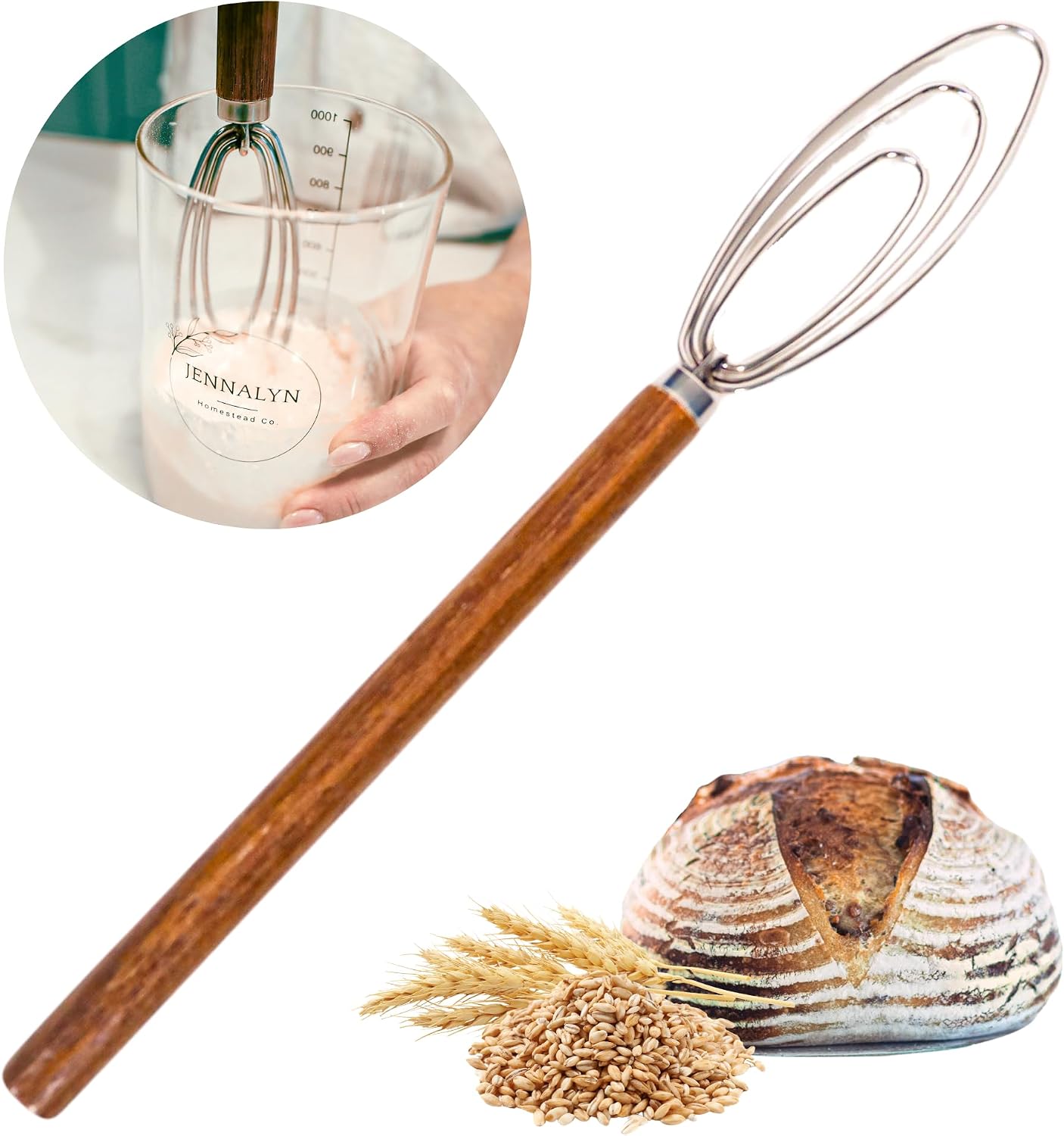 Sourdough Starter Jar Whisk - Easily Mix Thick Starter Dough; Rounded Edges and Tip Scrapes Side and Bottom of Jar Clean; Essential Sourdough Whisking Tool; Teak Wood and Stainless Steel Hand Whisk
