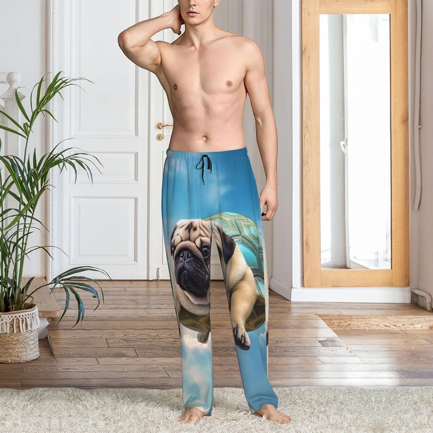 Men's Pajama Pants Ultra Soft Fleece PJ Lounge Bottoms Funny Turtle Pug Dog in The Sky Loungewear for Men Sleepwear Pjs Medium