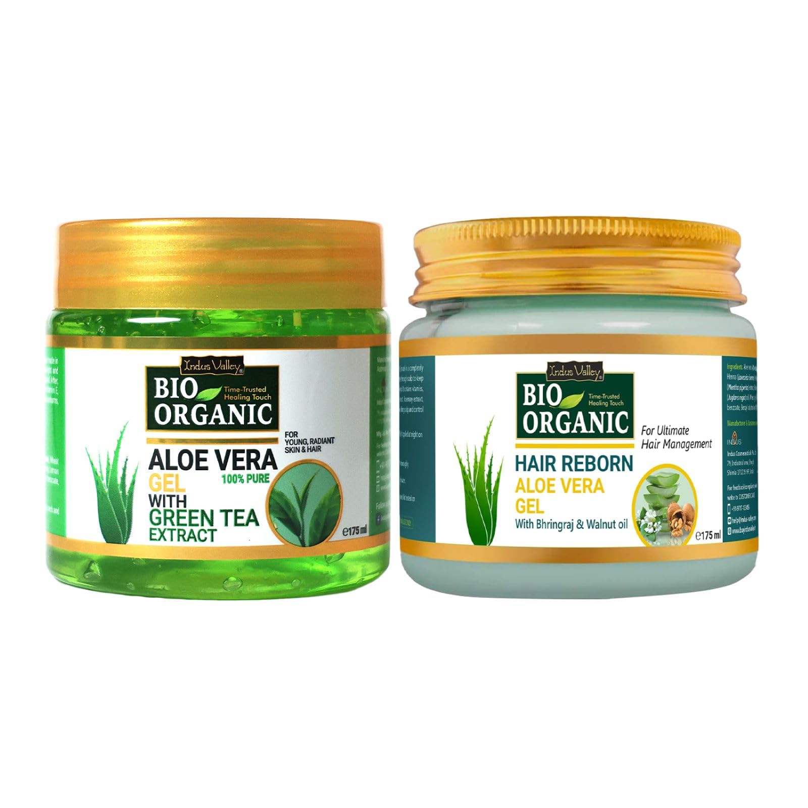 INDUS VALLEY Bio Organic Non-Toxic Aloe Vera Gel & Hair Reborn Gel for Acne, Scars, Glowing & Radiant Skin Treatment (175+175=350g)