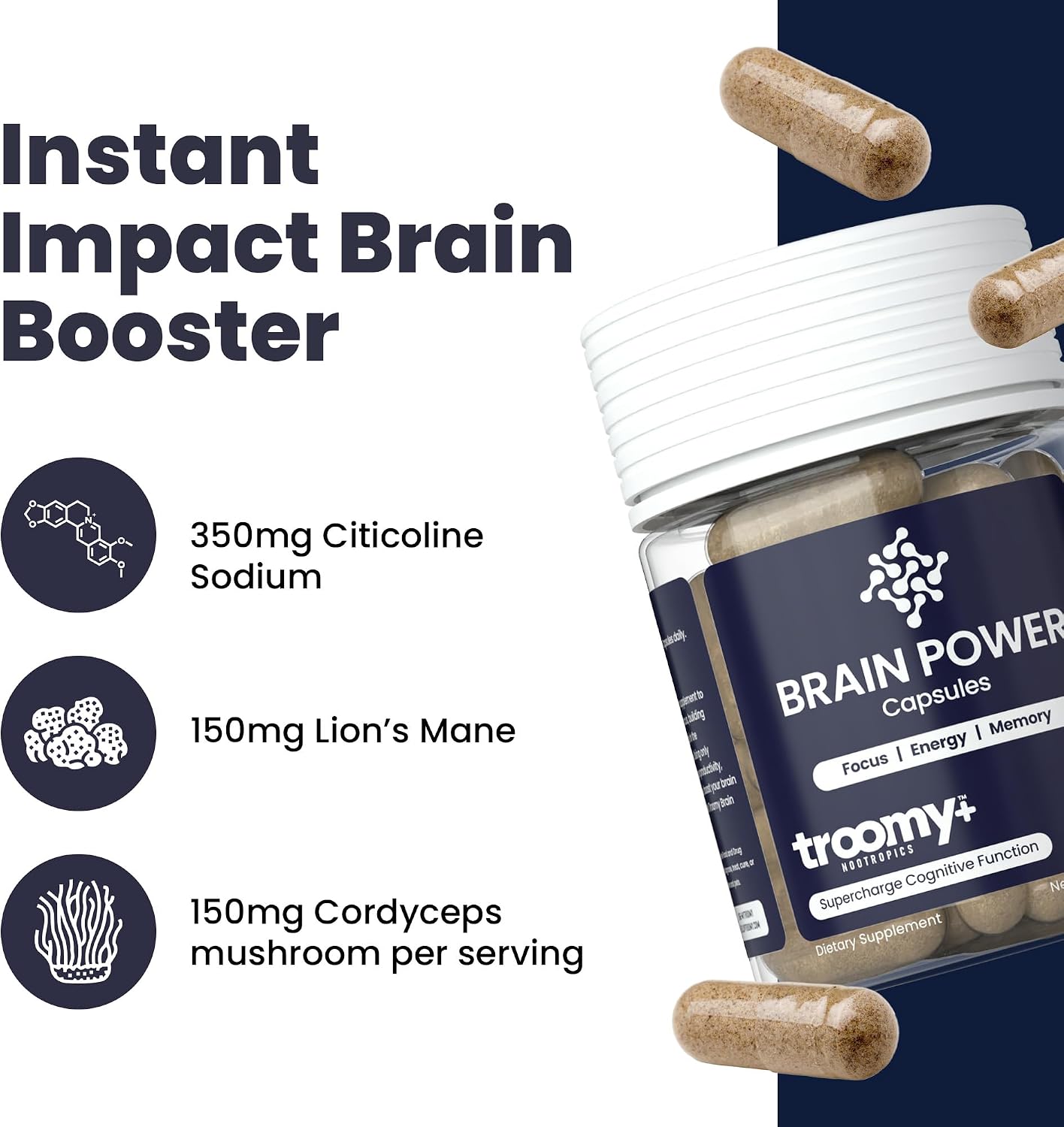 Troomy Brain Supplements for Memory and Focus, Daily Wellness Supplement with Citicoline, Lion’s Mane, and Cordyceps - Plant-Based Formula for Routine Support, Everyday Balance - 60 Capsules
