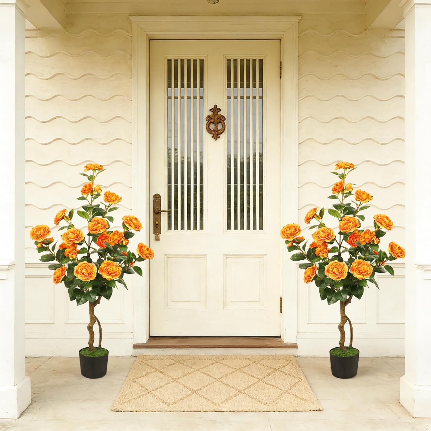 Artificial Camellia Tree 2 Pack, 42'' Faux Camellia Plant in Pot with 24 Blooming Flowers, Fake Greenery Potted Plant for Indoor Outdoor Home Floor Office Porch Decor (Orange)