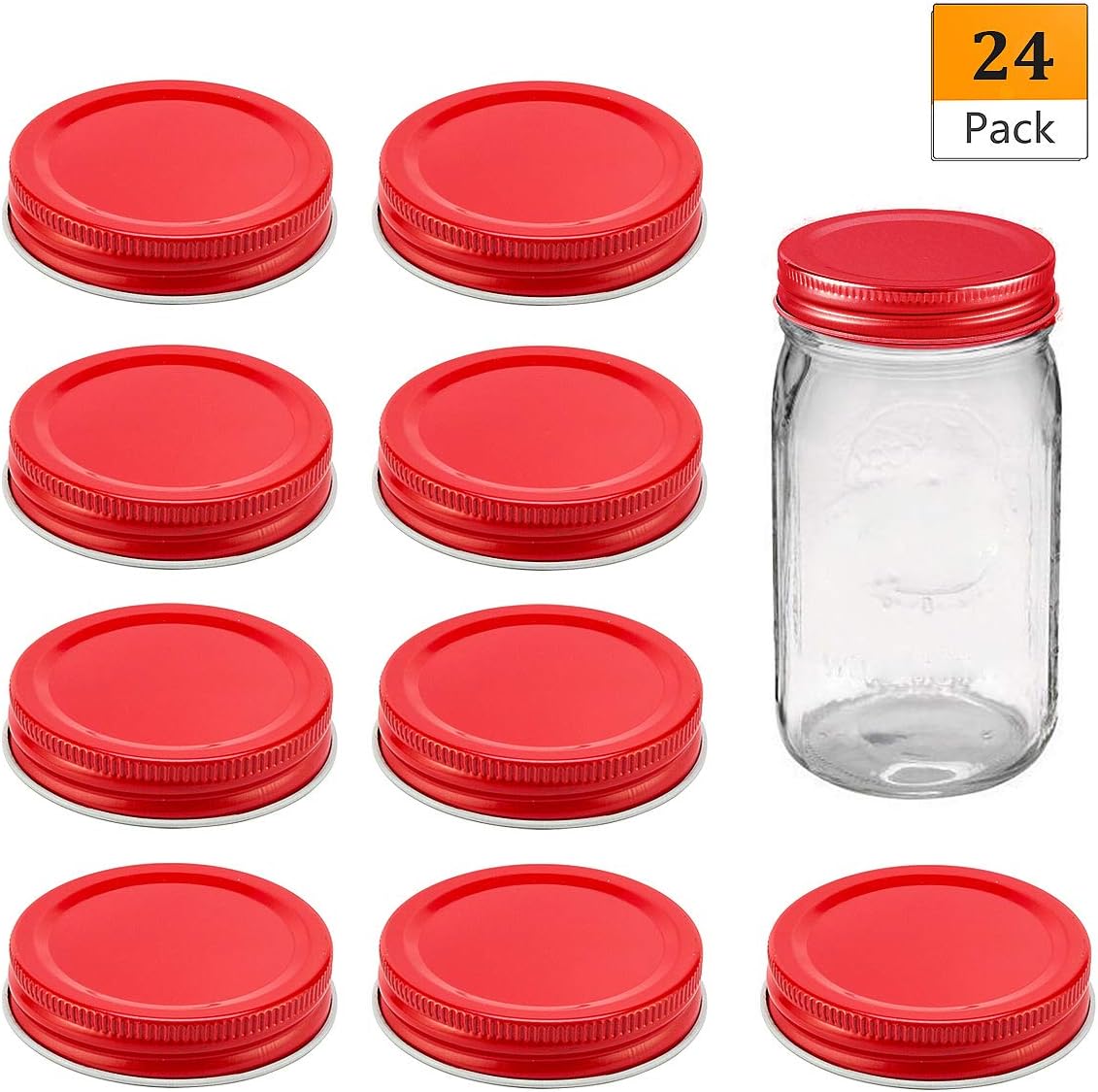 24 Pack Regular Mouth Mason Jar Lids Silicone Seals Leak Proof and Secure Mason Jar Storage Caps (Silver) (Red)