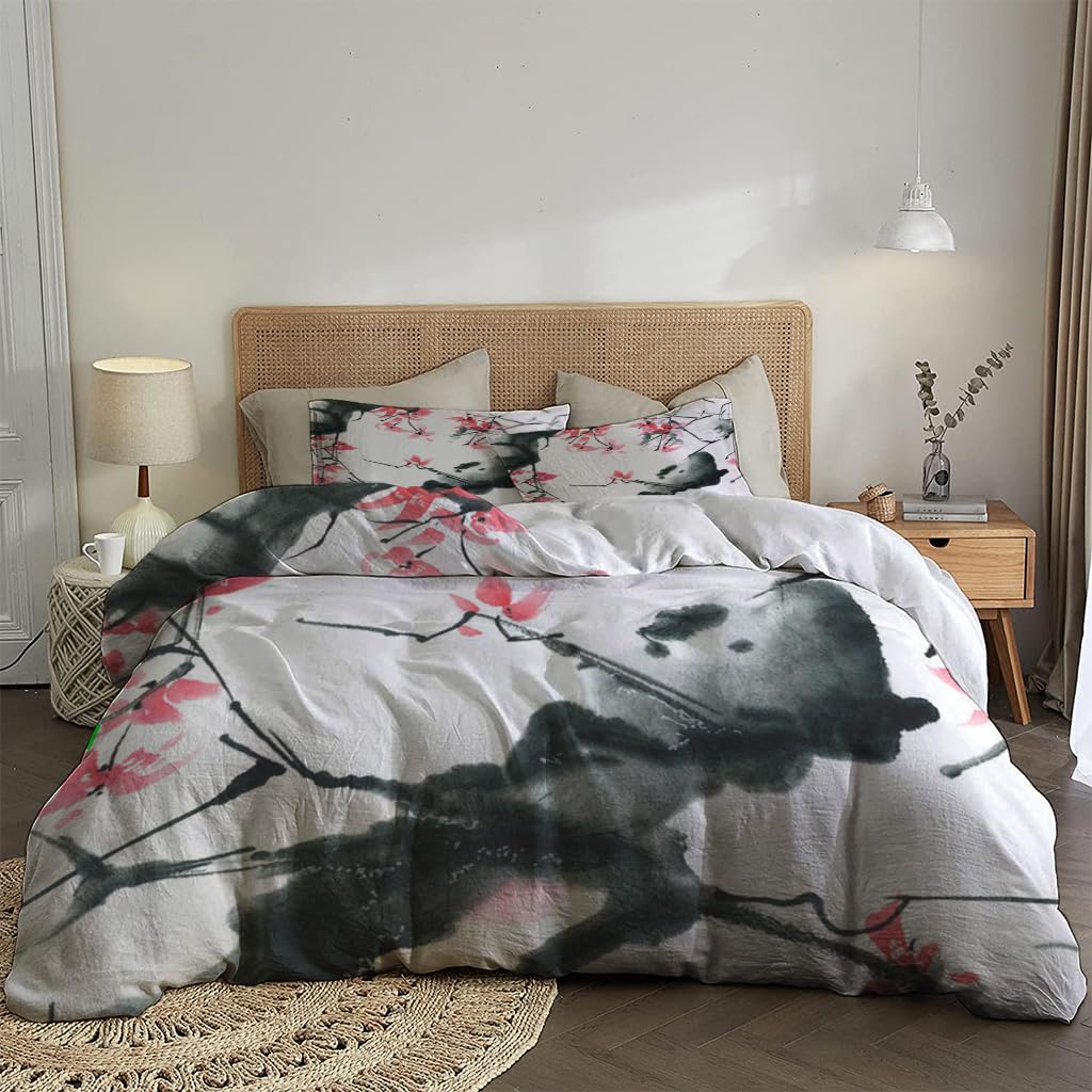 NIBAINLO 布団カバーインクスタイルの桜の花 肌に優しい ピーチスキン加工 掛け布団カバー 和式 洋式 あったか 布団カバーセット リバーシブル ホームステイ ホテル 家庭兼用