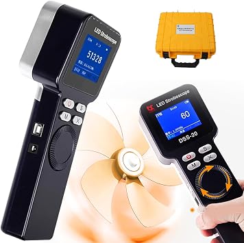 Digital LED Stroboscope Tachometer, Portable Stroboscope with LCD Display, Adjustable Strobe Frequency, 9 Bulbs and 1-999999 RPM Range, for Measuring Gears and Tires