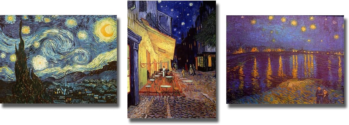 Artistic Home Gallery Starry Night, Cafe Terrace, & Starlight Over The Rhone by Van Gogh 3-pc Premium Stretched Canvas Set (Ready-to-Hang)