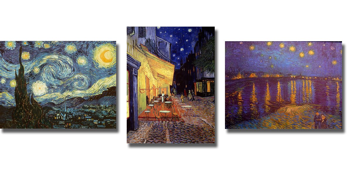 Artistic Home Gallery Starry Night, Cafe Terrace, & Starlight Over The Rhone by Van Gogh 3-pc Premium Stretched Canvas Set (Ready-to-Hang)