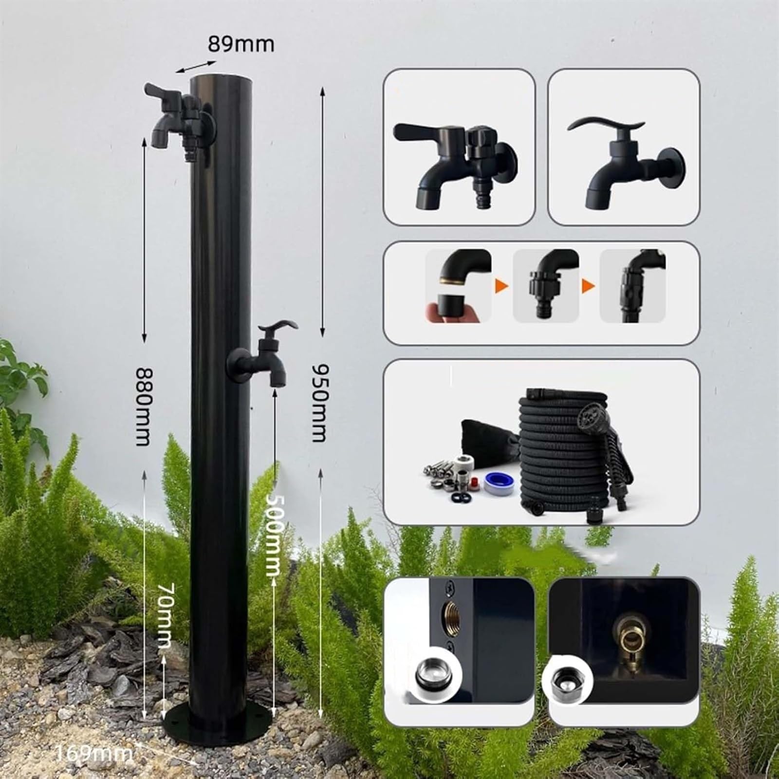 Surtidor de Agua Independiente para jardín con Grifo - Fuente para Exterior y Soporte para Manguera, Adecuado para riego de Patios, bebederos e hidrantes contra Incendios (Negro) - Ideal par