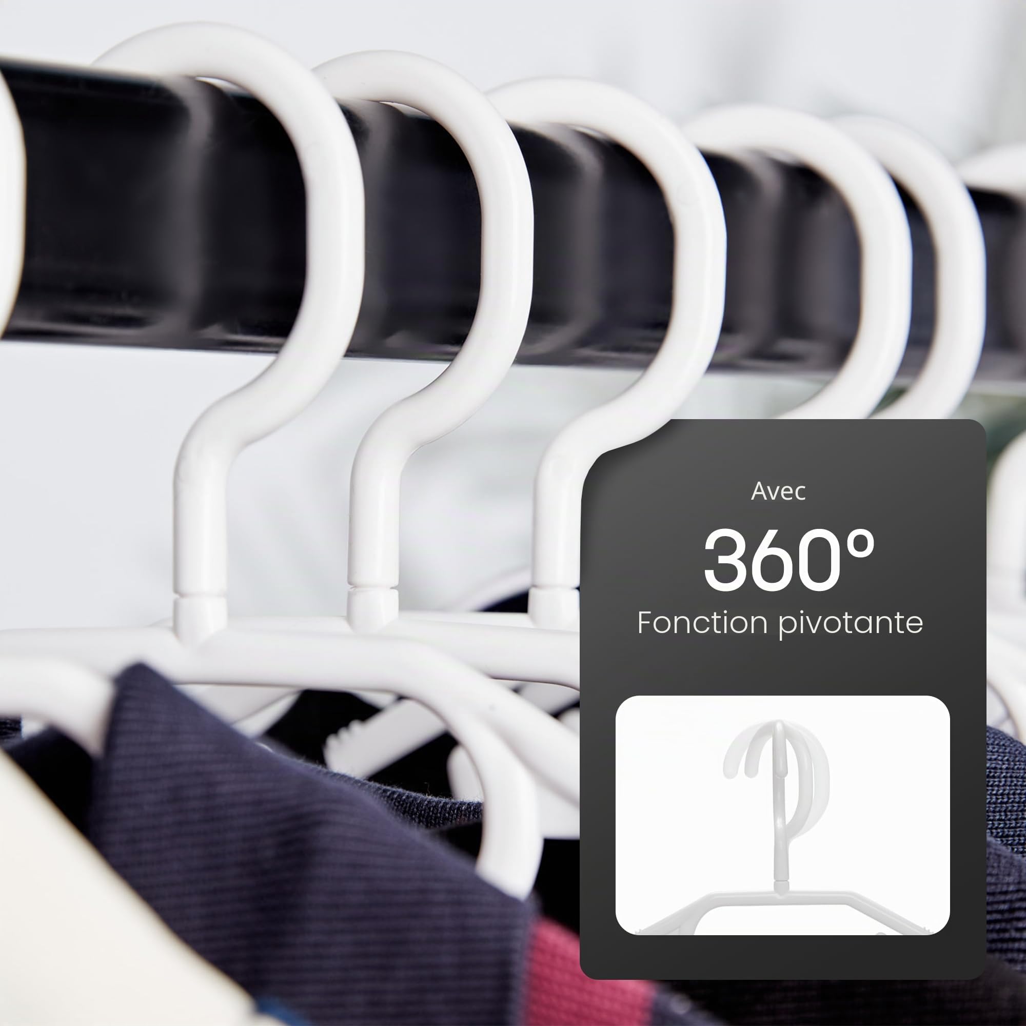 KEPLIN Cintres en Plastique Blanc - Lot de 20, Gain de Place, Robuste, Ceintres Pivotants pour Manteau, Robe, Chemise, Veste, Pantalon I Cintres Antidérapants Crochet Rotatif et Cintre à Cravates